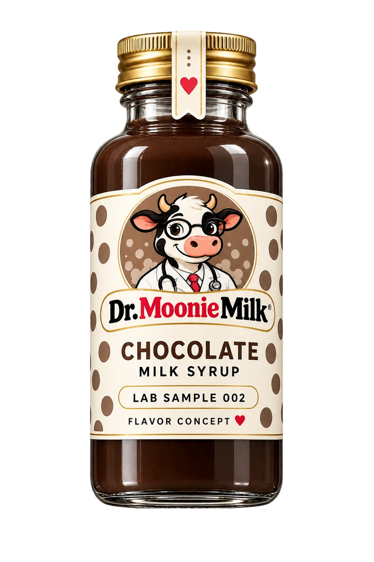 Dr. Moonie Chocolate milk syrup concept vial